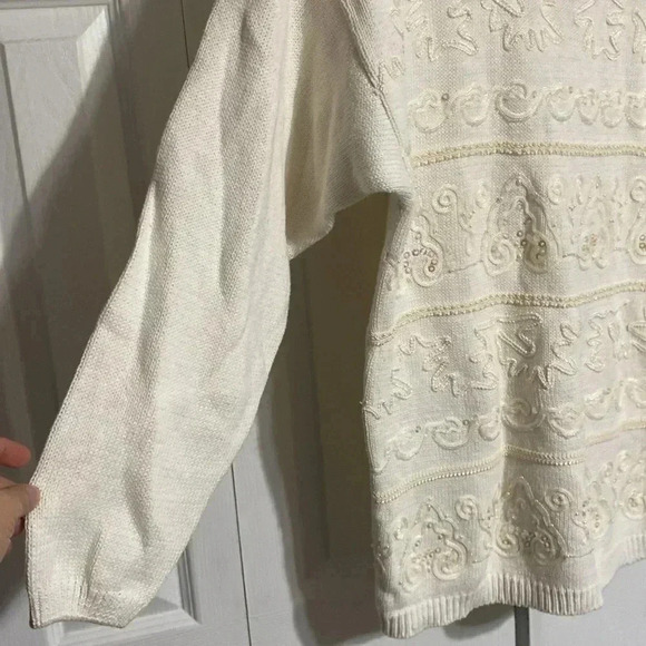 Victoria Harbour cream sequin & pearls cotton knit sweater size Medium - Picture 6 of 12